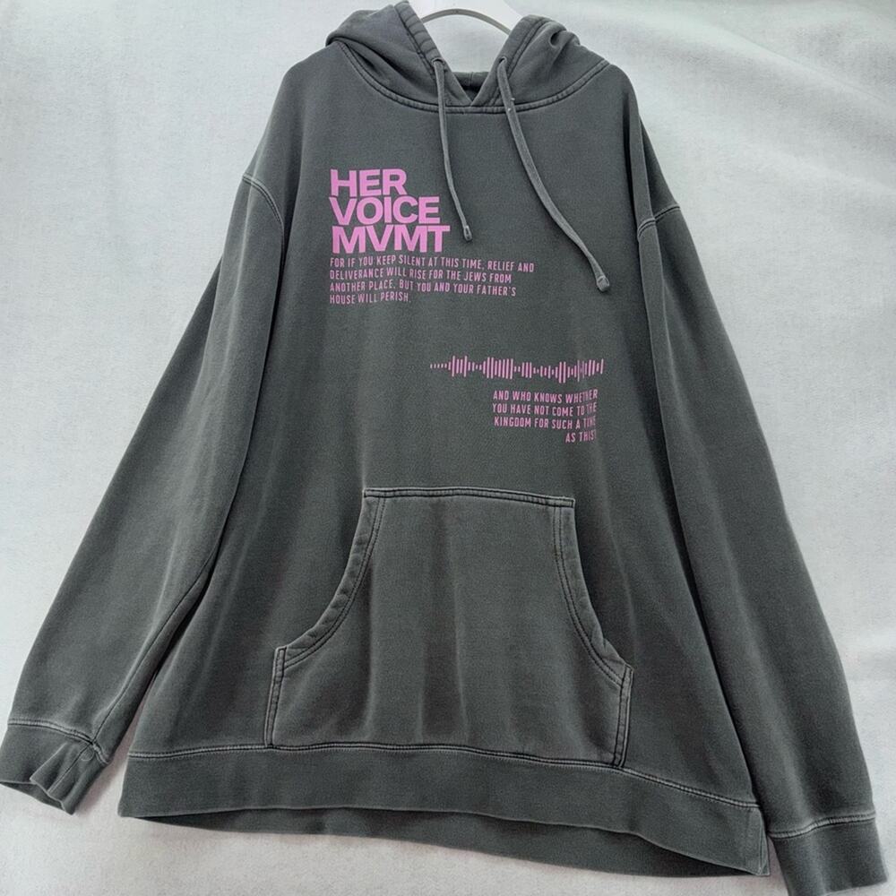 HVM Her Voice Movement Oversized Hoodie Heather Grey & Pink XL Hooded Sweatshirt